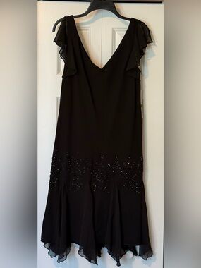 S.L. Fashions Black V-Neck Beaded Flutter Sleeve Midi Dress